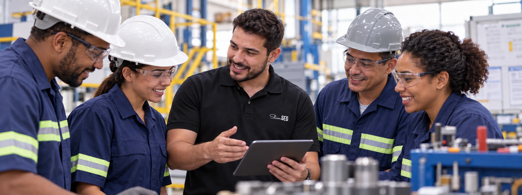 Profissional Slimseg de camisa preta trabalhando com uma equipe industrial, incluindo duas profissionais ao seu lado