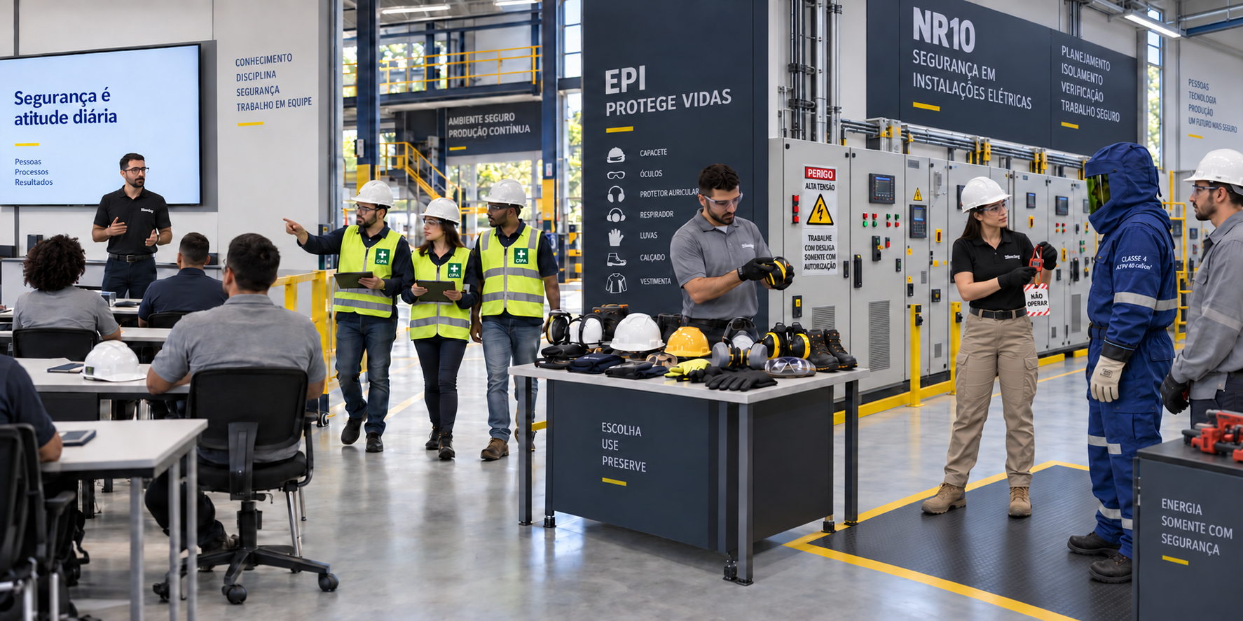 Integração, inspeção da CIPA, demonstração de EPIs e treinamento elétrico em uma mesma empresa