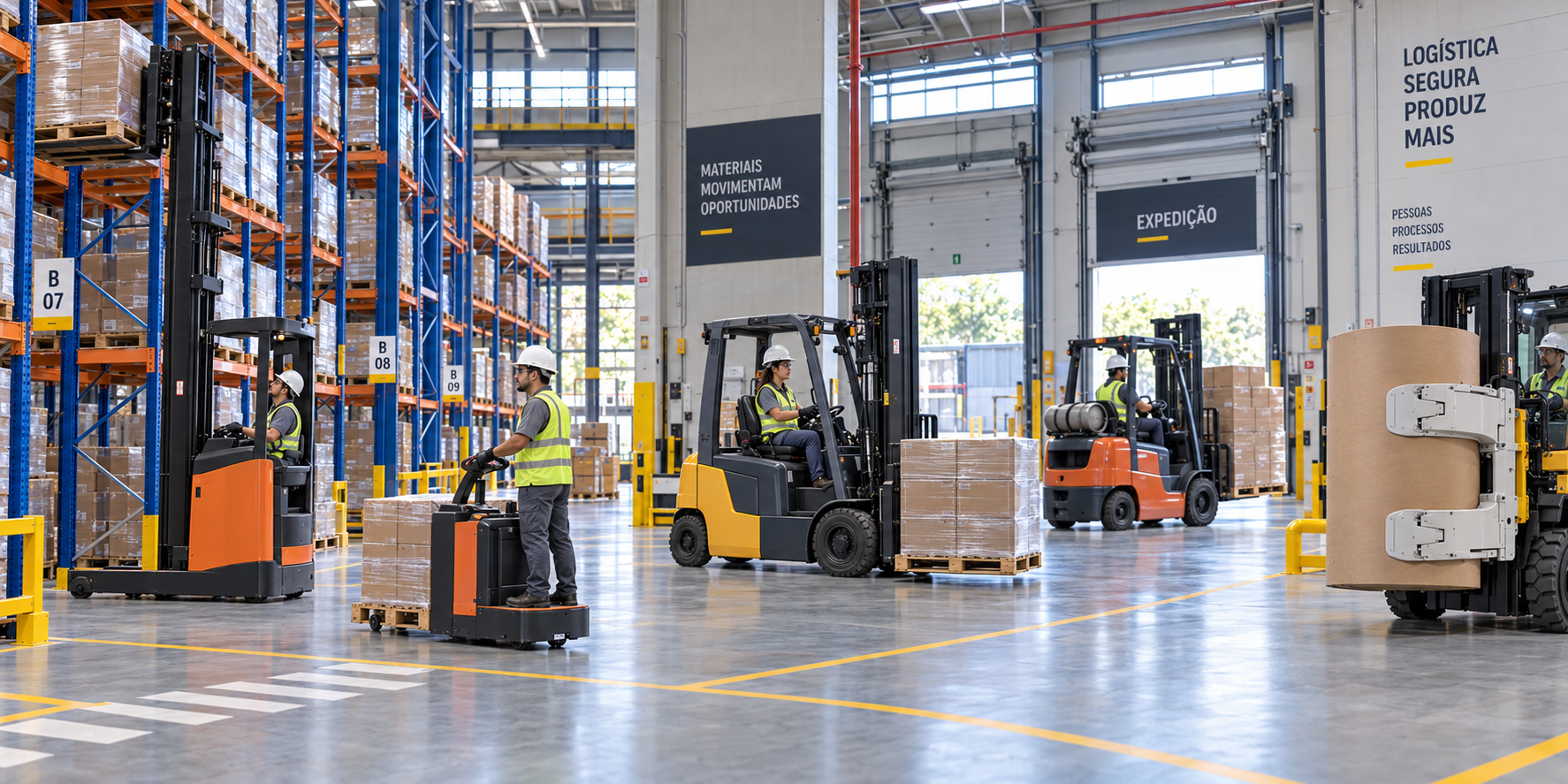 Treinamentos com diferentes modelos de empilhadeiras em um centro logístico